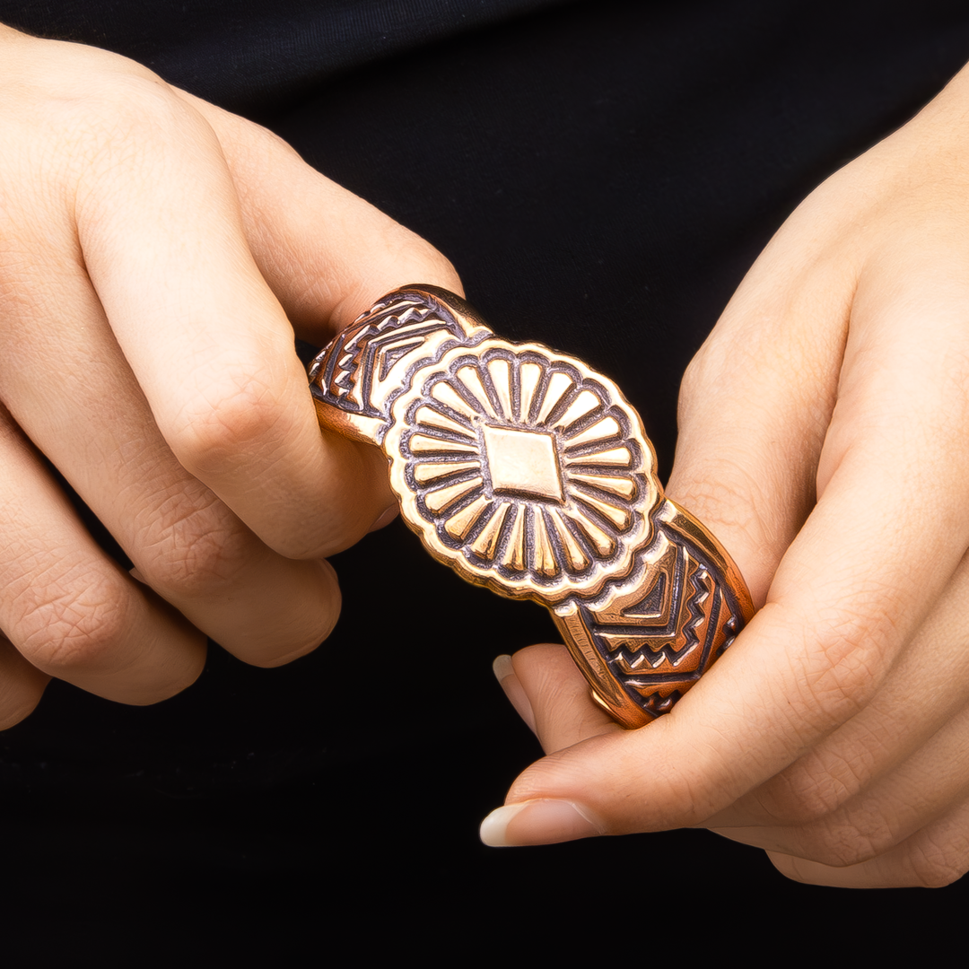 SkyWeaver: Saltillo Cuff Bracelet, a Native American-inspired sterling silver piece with intricate designs.