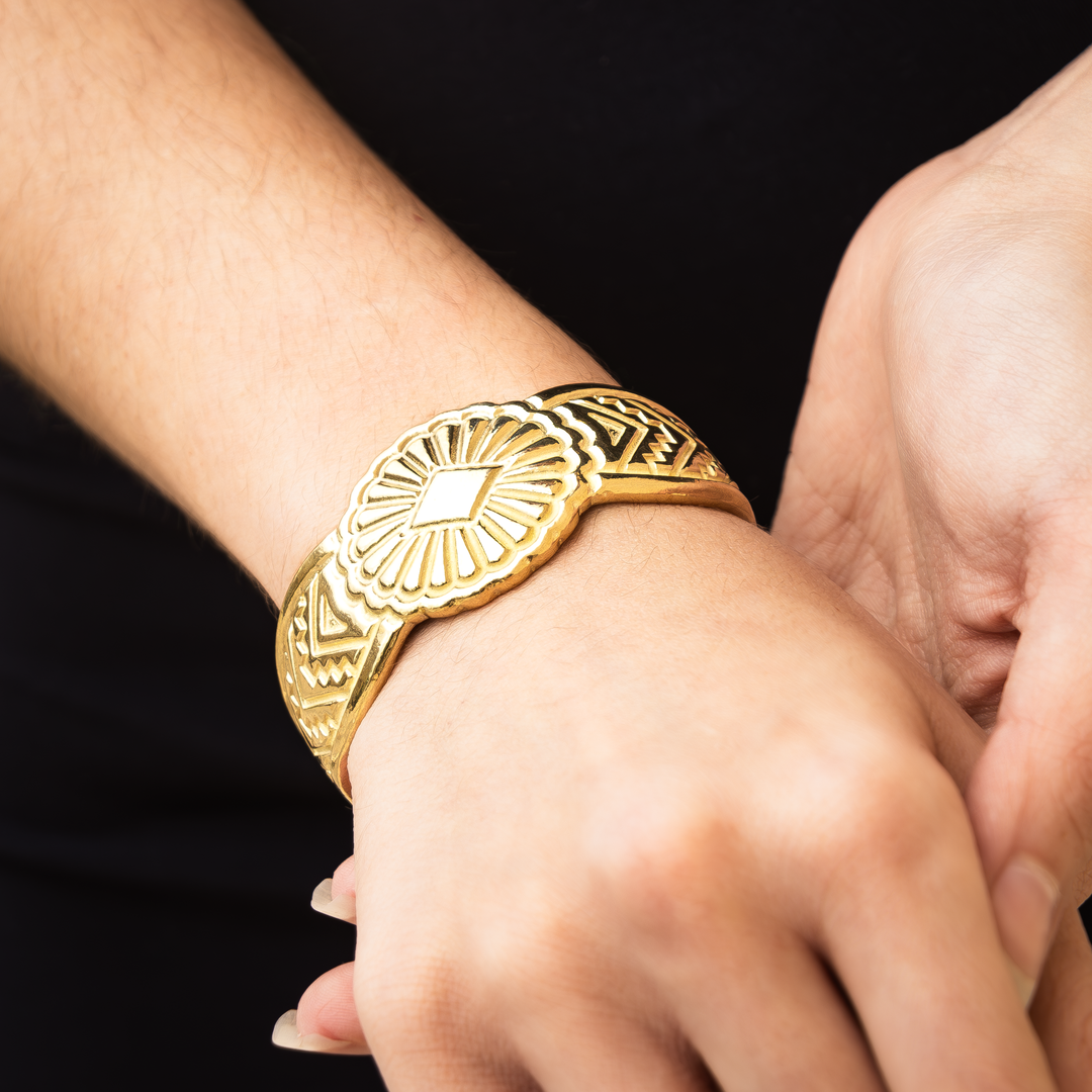 SkyWeaver: Saltillo Cuff Bracelet, a Native American-inspired sterling silver piece with intricate designs.