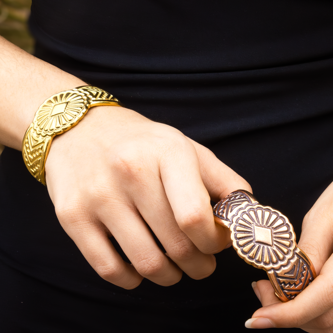 SkyWeaver: Saltillo Cuff Bracelet, a sterling silver piece featuring intricate designs and a polished finish.