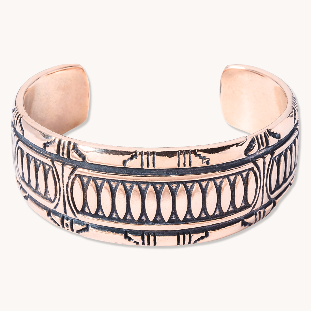 SkyWeaver: Terraced Cuff Bracelet made of sterling silver featuring intricate Native American-inspired designs.