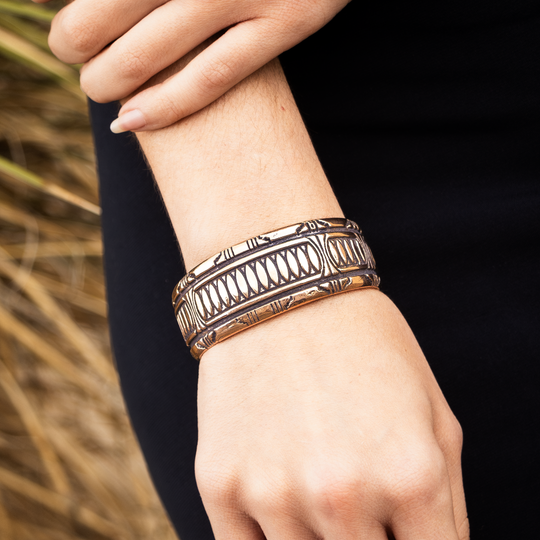 SkyWeaver: Terraced Cuff Bracelet in sterling silver, featuring intricate patterns and a bold design worn on a wrist.