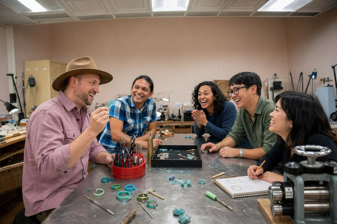 Craft & Cast workshop — instructor and four students laughing together at the stainless steel jeweler's bench with wax pieces and tools scattered on the table.