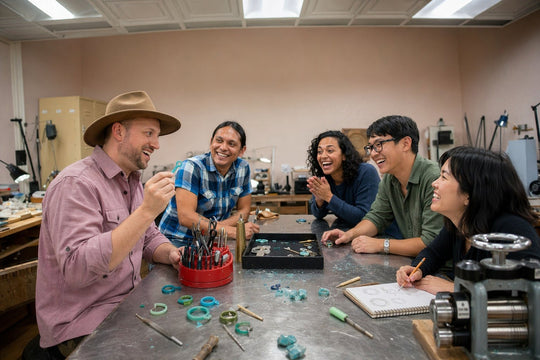 Craft & Cast workshop — instructor and four students laughing together at the stainless steel jeweler's bench with wax pieces and tools scattered on the table.