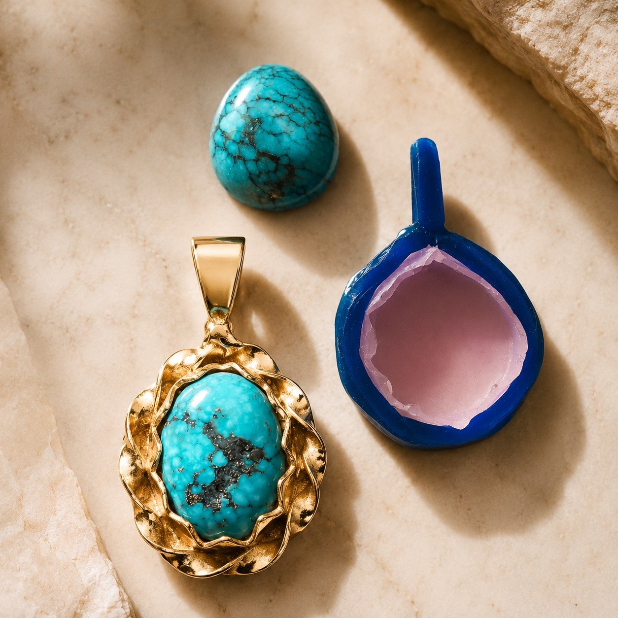 Craft & Cast jewelry workshop — turquoise cabochon, finished gold pendant, and lost-wax casting model on natural stone