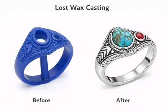 Lost Wax Casting — Before and After: Blue wax model transformed into sterling silver ring with turquoise