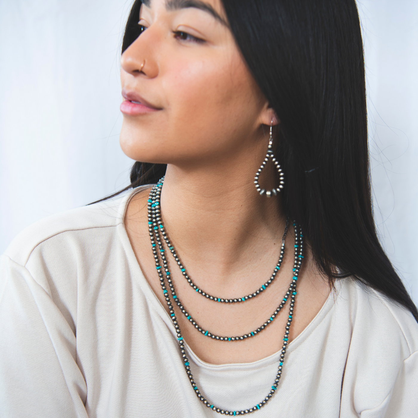Silver Bead Loop Earrings, Native American Pearls