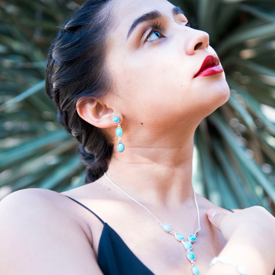 Silver and  Turquoise Drop Earrings with Daybreak Y Necklace