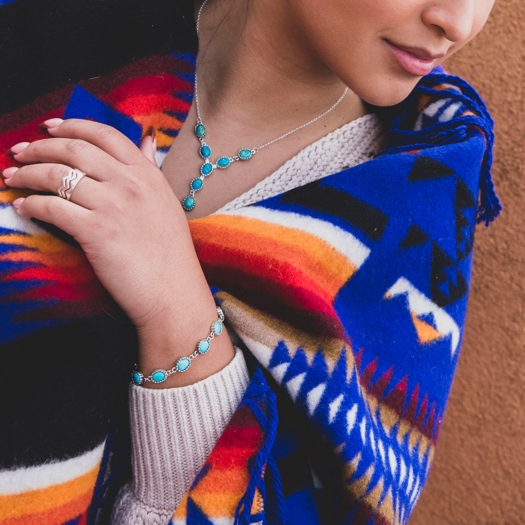 Real Turquoise and Silver Y Necklace with Chain Bracelet