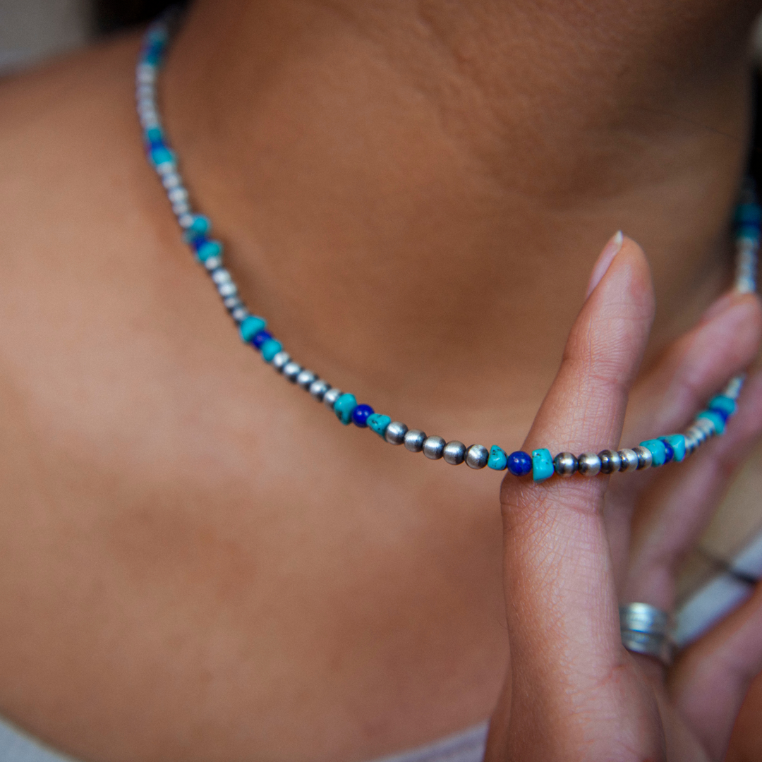 Turquoise, Lapis, Silver Beaded Bracelet and Necklace Set