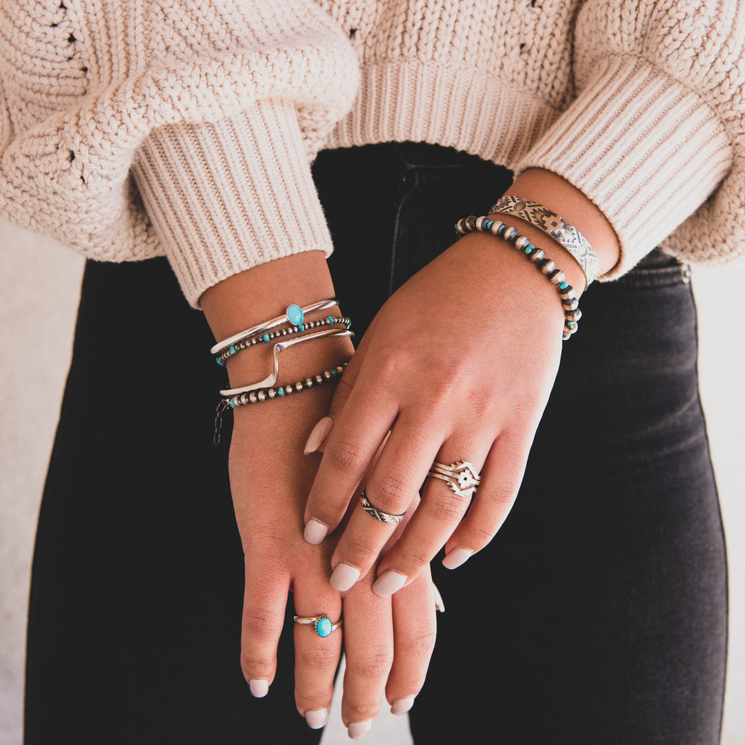 Silver Desert Pearls with Turquoise Stacking Bracelet