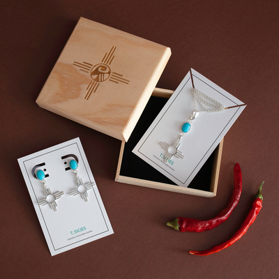 Turquoise Zia Earrings and Necklace in Sterling Silver Set by TSkies