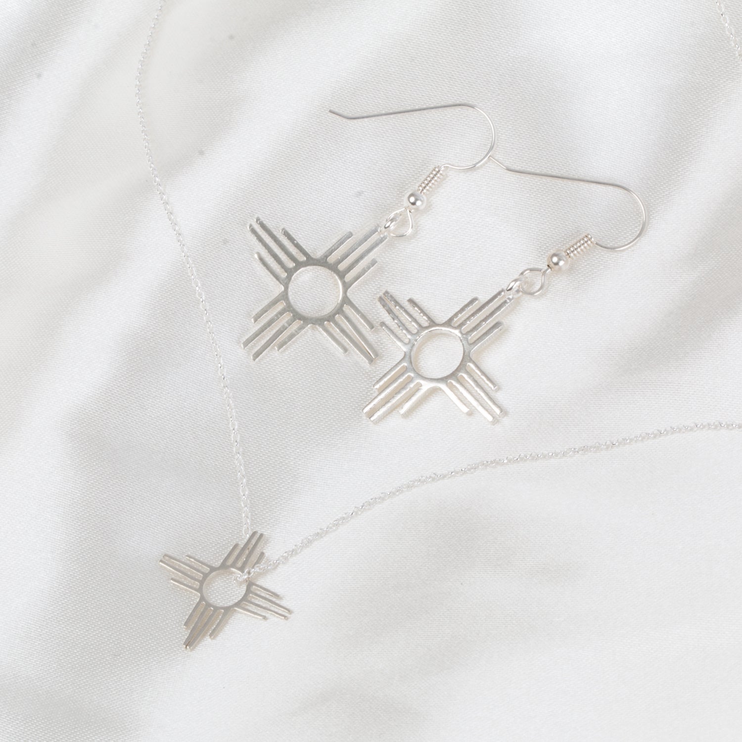 Silver Petite Pendant and Earrings Set, Shop Zia Sun Symbol – T