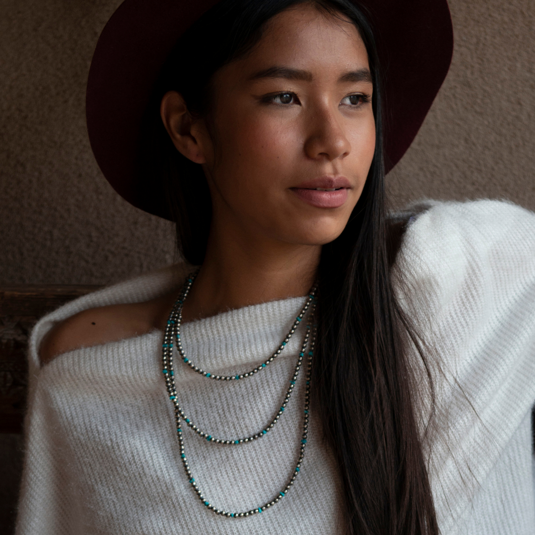 Classic Desert Pearls Layering Necklace, Turquoise and Silver Bead Necklace